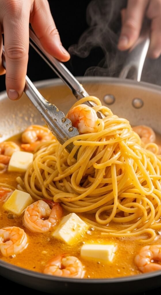 A breathtaking shrimp scampi pasta recipe editorial featuring a stunning bowl of perfectly cooked linguine with plump golden seared shrimp in a glossy white wine lemon garlic butter sauce with fresh parsley and lemon zest on a rustic Italian wooden table, showcasing the ultimate guide to mastering shrimp scampi pasta recipes at home.