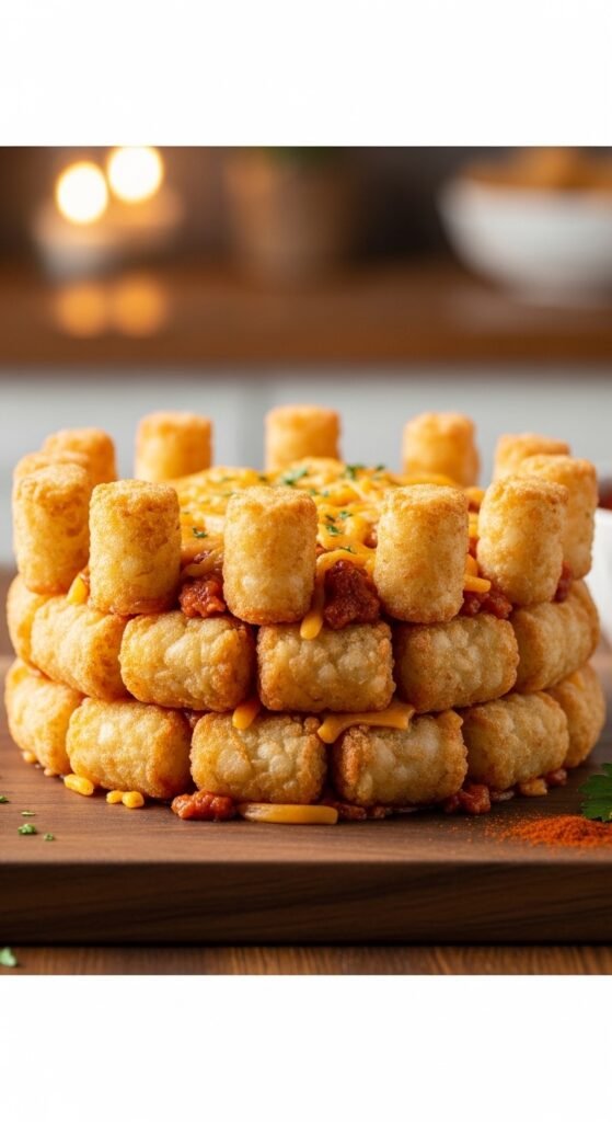 A breathtaking Big Mac tater tot casserole editorial featuring a golden bubbling casserole dish topped with crispy tater tots, melted cheddar cheese, fresh lettuce, diced tomatoes, pickles, and special sauce drizzle on a rustic wooden table, showcasing the ultimate guide to this irresistible comfort food mashup made in heaven.