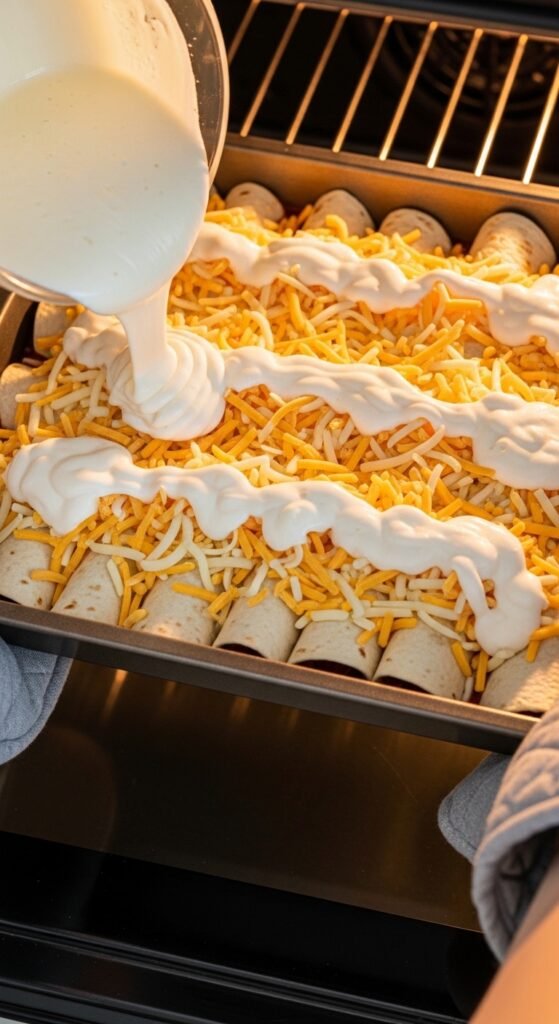 A breathtaking sour cream chicken enchilada recipe editorial featuring a stunning baking dish of golden baked enchiladas smothered in rich creamy white sauce, melted cheese, fresh cilantro, and jalapeños on a rustic wooden table, showcasing the ultimate guide to making the most delicious and authentic sour cream chicken enchilada recipe at home.