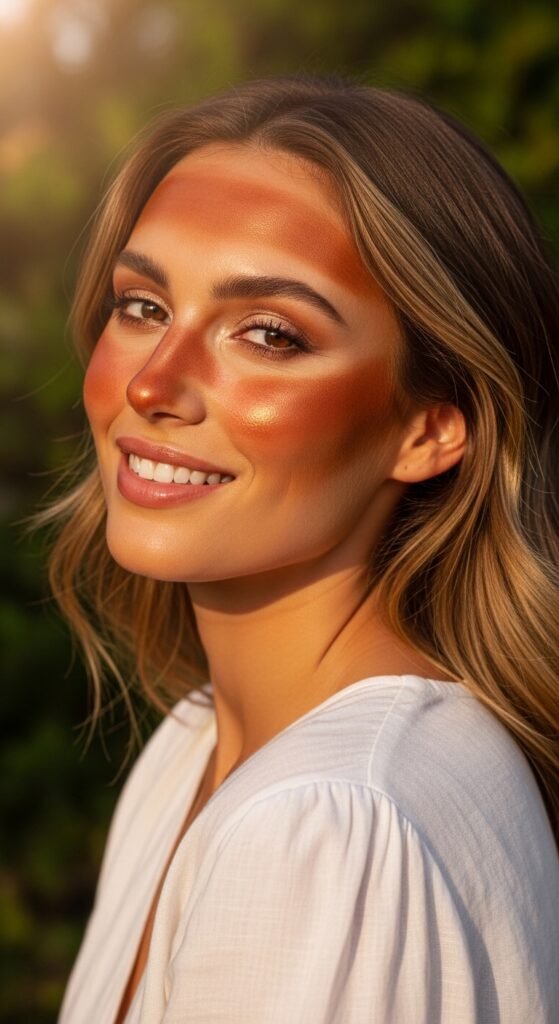 A stunning everyday makeup routine editorial featuring a beautiful woman with effortless natural beauty including glowing dewy skin, soft brows, subtle eye makeup, and flushed blush surrounded by essential makeup products on a white marble vanity, showcasing 18 everyday makeup routine ideas as the ultimate guide to achieving effortless beauty.