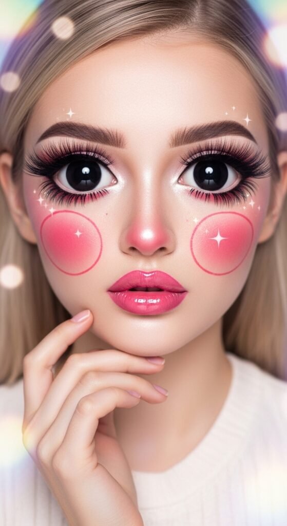 A stunning glamorous bimbocore makeup editorial featuring a beautiful woman with hyper-feminine Y2K inspired beauty including glossy pink lips, glitter eyeshadow, heavy blush, and dewy glowing skin, showcasing 15 bimbocore makeup ideas as the ultimate guide to mastering the hyper-feminine beauty trend.