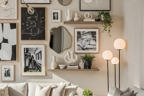 A beautifully decorated modern living room with blank walls transformed into a stunning sanctuary featuring large scale art gallery wall floating shelves decorative mirrors and statement lighting with neutral furniture in warm natural lightliving room wall decor