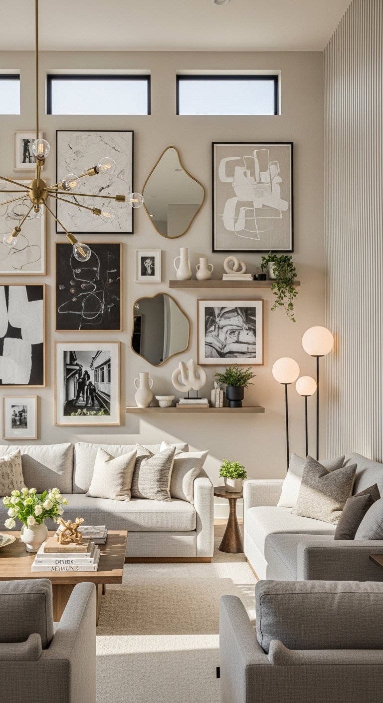 A beautifully decorated modern living room with blank walls transformed into a stunning sanctuary featuring large scale art gallery wall floating shelves decorative mirrors and statement lighting with neutral furniture in warm natural lightliving room wall decor