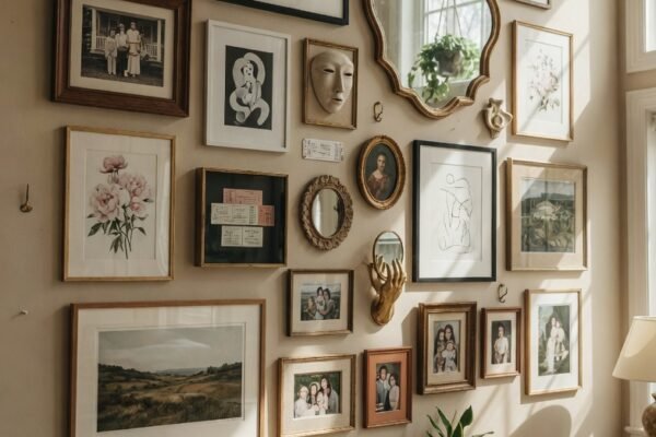 A beautifully curated gallery wall transforming a large blank living room wall into a personal museum with mixed framed art prints family photos botanical illustrations and mirrors in various frame sizes above a neutral sofa in bright natural light.