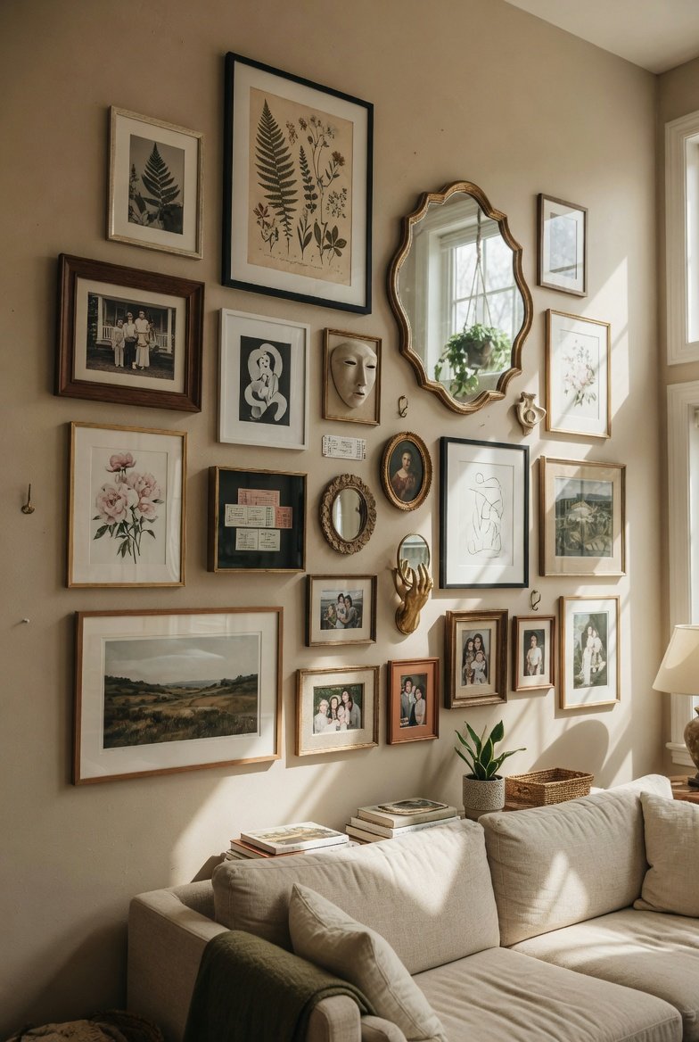 A beautifully curated gallery wall transforming a large blank living room wall into a personal museum with mixed framed art prints family photos botanical illustrations and mirrors in various frame sizes above a neutral sofa in bright natural light.