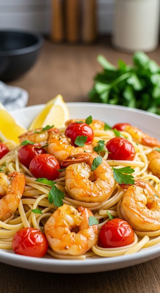 A breathtaking shrimp scampi pasta recipe editorial featuring a stunning bowl of perfectly cooked linguine with plump golden seared shrimp in a glossy white wine lemon garlic butter sauce with fresh parsley and lemon zest on a rustic Italian wooden table, showcasing the ultimate guide to mastering shrimp scampi pasta recipes at home.