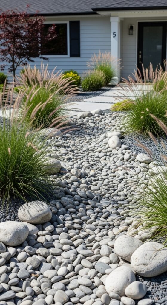 6. Large Black Planters with Single Shrubs