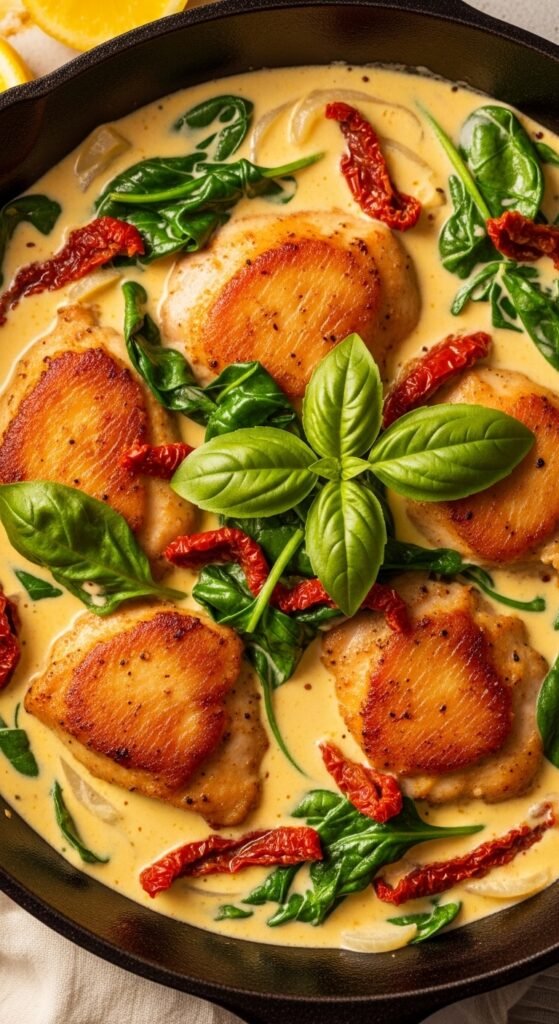1. Creamy Lemon Chicken with Spinach and Sun-Dried Tomatoes