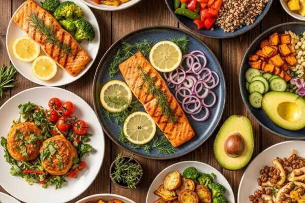 A colorful flat lay of 20 healthy dinner ideas including grilled proteins fresh vegetables and grain bowls styled on a rustic wooden table with warm golden lighting representing delicious and nutritious meal inspiration