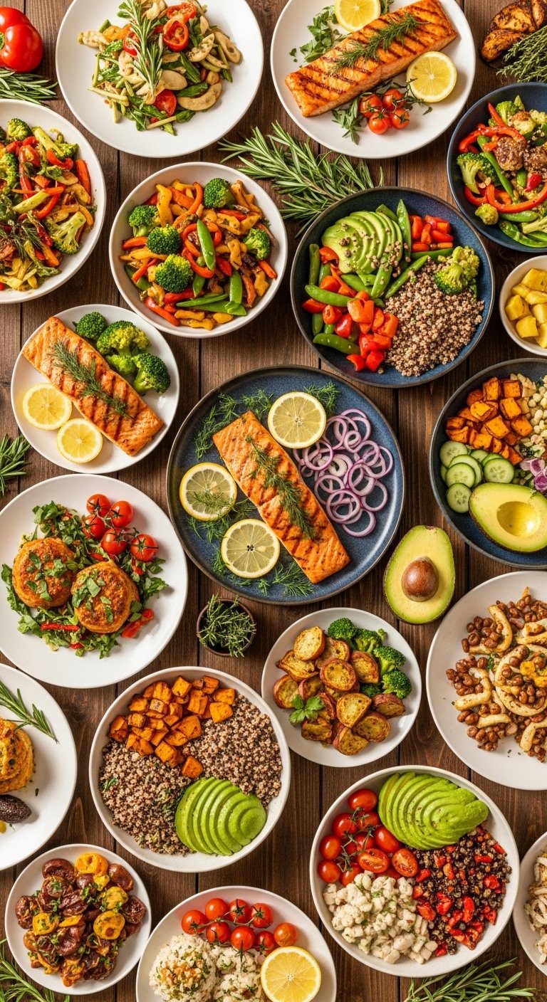 A colorful flat lay of 20 healthy dinner ideas including grilled proteins fresh vegetables and grain bowls styled on a rustic wooden table with warm golden lighting representing delicious and nutritious meal inspiration