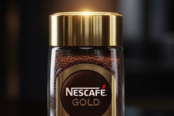Tall clear glass of layered Nescafe Gold instant iced coffee with large ice cubes and condensation beside a Nescafe Gold jar on white marble surface in soft natural light