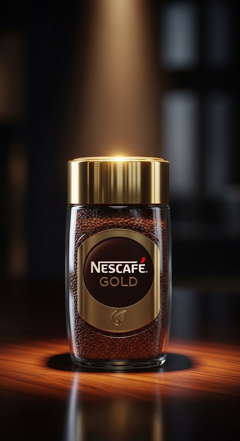 Tall clear glass of layered Nescafe Gold instant iced coffee with large ice cubes and condensation beside a Nescafe Gold jar on white marble surface in soft natural light