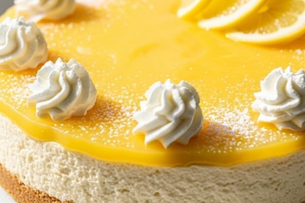 A whole creamy lemon cheesecake recipe on a white cake stand with glossy lemon curd topping, fresh lemon slices, and whipped cream rosettes on a bright marble surface