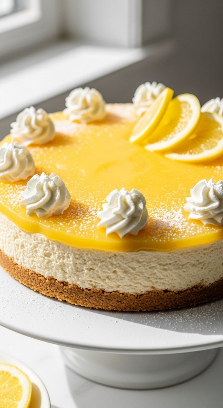 A whole creamy lemon cheesecake recipe on a white cake stand with glossy lemon curd topping, fresh lemon slices, and whipped cream rosettes on a bright marble surface