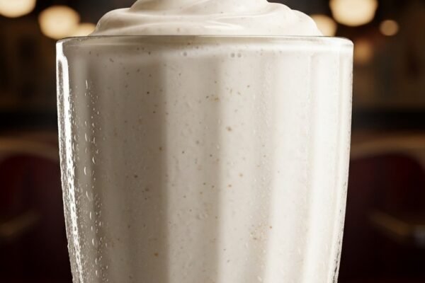 Tall classic vanilla milkshake in a clear glass topped with whipped cream and a cherry with visible vanilla bean specks on white marble surface in warm natural light