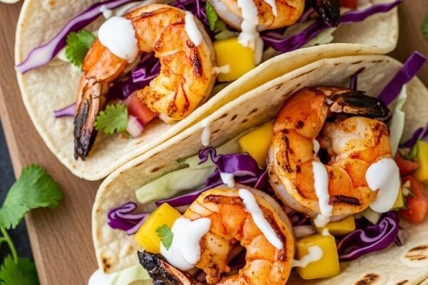 Grilled shrimp tacos served on a rustic wooden board with smoky charred shrimp, fresh mango salsa, shredded purple cabbage, chipotle crema drizzle, and lime wedges on soft corn tortillas — the ultimate homemade grilled shrimp tacos recipe.