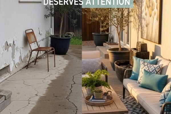 A beautifully transformed back porch patio featuring cozy outdoor furniture, string lights draped overhead, lush potted plants, a crackling fire pit, and warm golden evening light, your ultimate guide to 13 back porch patio ideas that will transform your outdoor space into a dream retreat