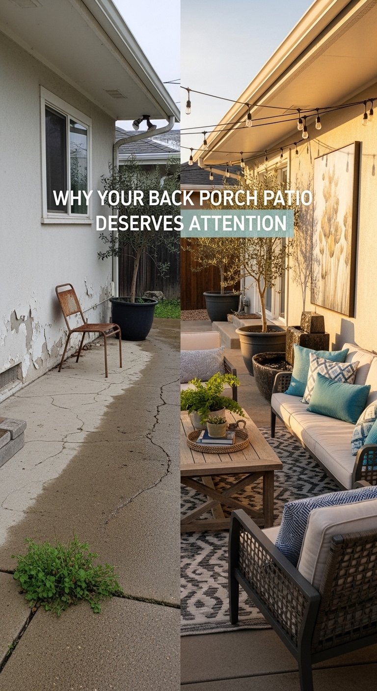 A beautifully transformed back porch patio featuring cozy outdoor furniture, string lights draped overhead, lush potted plants, a crackling fire pit, and warm golden evening light, your ultimate guide to 13 back porch patio ideas that will transform your outdoor space into a dream retreat