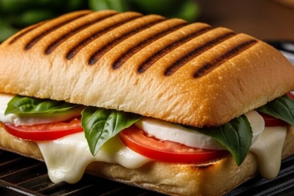 A perfectly assembled caprese sandwich on a rustic wooden board with thick ciabatta bread, fresh mozzarella, bright red tomatoes, vibrant basil leaves, and a golden olive oil drizzle, a true slice of Italian heaven between two pieces of bread