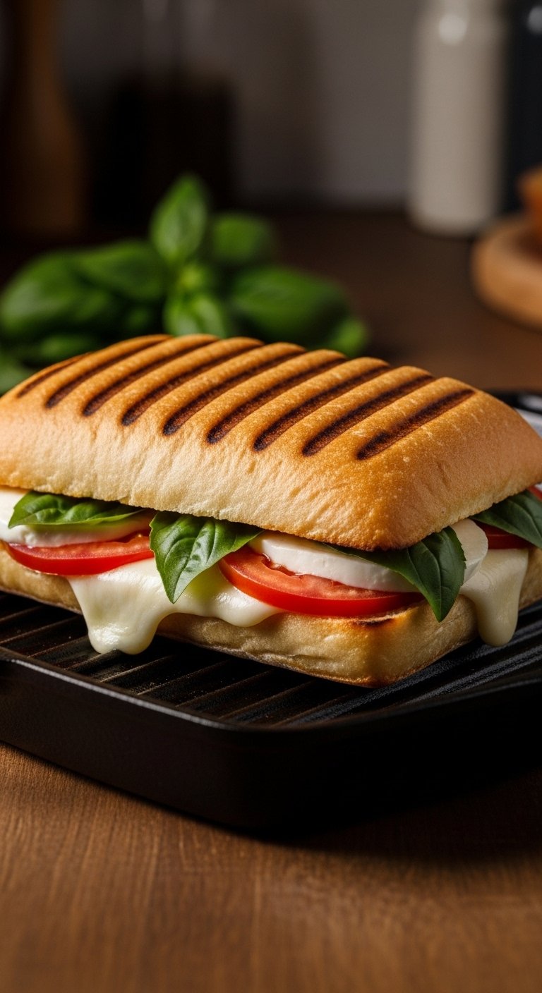 A perfectly assembled caprese sandwich on a rustic wooden board with thick ciabatta bread, fresh mozzarella, bright red tomatoes, vibrant basil leaves, and a golden olive oil drizzle, a true slice of Italian heaven between two pieces of bread