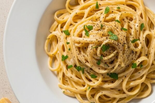 A creamy homemade Olive Garden Alfredo sauce recipe served over fettuccine pasta in a white bowl, garnished with freshly grated parmesan and parsley, restaurant-quality pasta made at home.