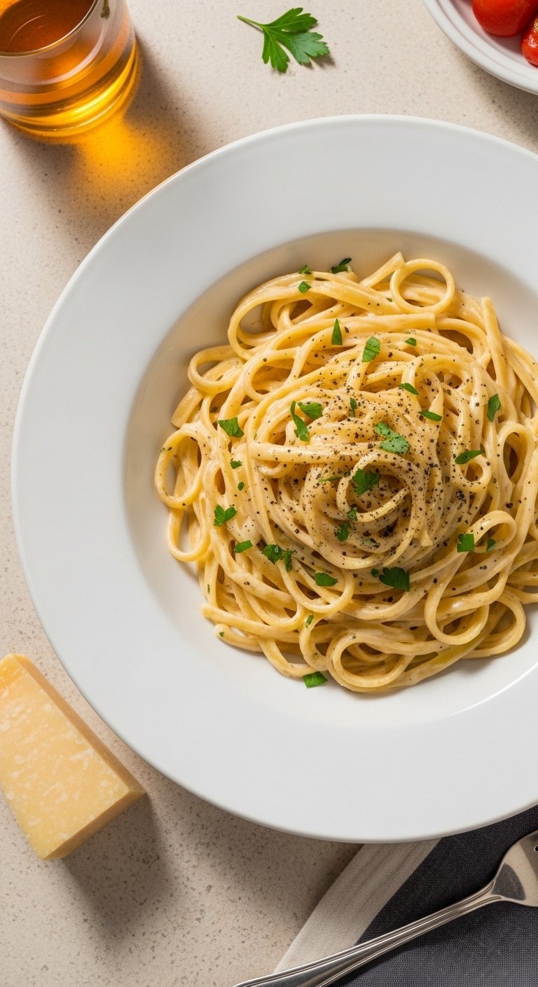 A creamy homemade Olive Garden Alfredo sauce recipe served over fettuccine pasta in a white bowl, garnished with freshly grated parmesan and parsley, restaurant-quality pasta made at home.