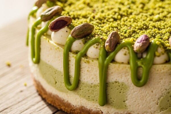 A creamy whole pistachio cheesecake topped with crushed pistachios and a glossy green pistachio drizzle served on a rustic wooden board, the ultimate guide to making and serving the perfect pistachio cheesecake at home