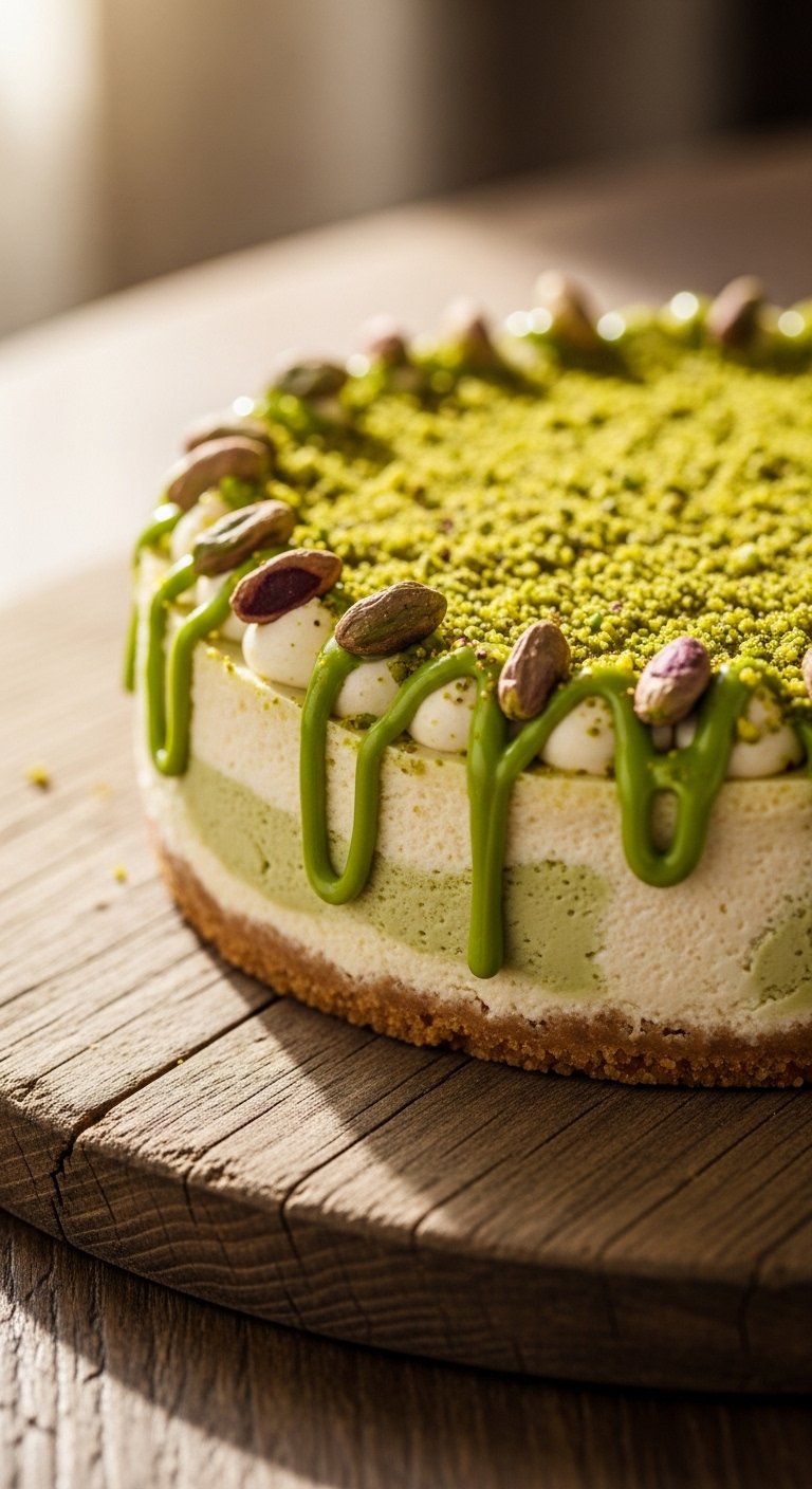 A creamy whole pistachio cheesecake topped with crushed pistachios and a glossy green pistachio drizzle served on a rustic wooden board, the ultimate guide to making and serving the perfect pistachio cheesecake at home