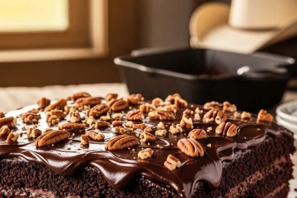 A freshly baked Texas Chocolate Sheet Cake displayed on a rustic wooden table with rich glossy chocolate pecan frosting and moist dark chocolate layers, perfect for the ultimate Texas Chocolate Sheet Cake Recipe.