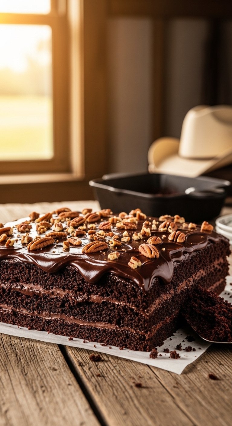 A freshly baked Texas Chocolate Sheet Cake displayed on a rustic wooden table with rich glossy chocolate pecan frosting and moist dark chocolate layers, perfect for the ultimate Texas Chocolate Sheet Cake Recipe.