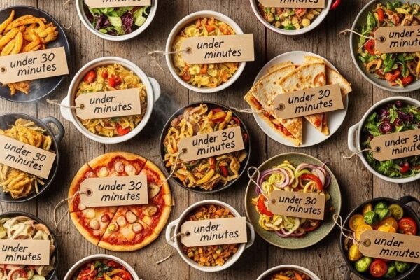 A vibrant overhead collage of 25 fast dinner recipes including shrimp pasta, stir-fry, tacos, soup, and salads, all arranged on a rustic wooden table with a visible kitchen timer set to 30 minutes, steam rising from multiple dishes, warm natural lighting, conveying quick and delicious weeknight meals.