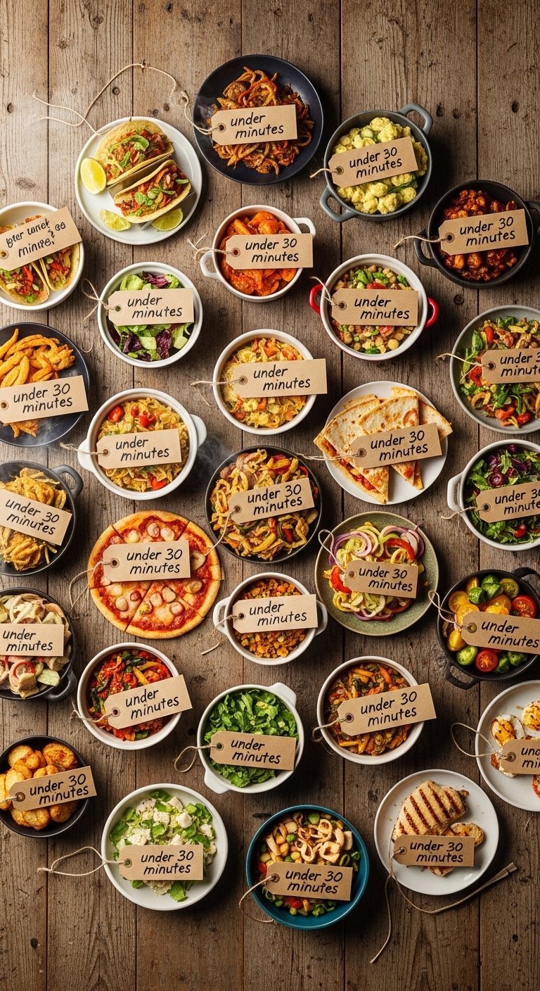 A vibrant overhead collage of 25 fast dinner recipes including shrimp pasta, stir-fry, tacos, soup, and salads, all arranged on a rustic wooden table with a visible kitchen timer set to 30 minutes, steam rising from multiple dishes, warm natural lighting, conveying quick and delicious weeknight meals.