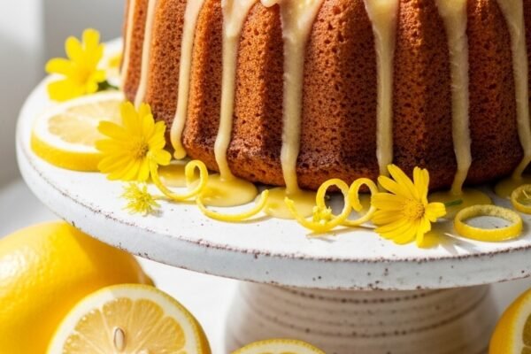 A beautifully glazed homemade lemon cake on a white cake stand surrounded by fresh lemon slices and zest, representing the ultimate lemon cake recipe with a bright sunshine-inspired presentation.
