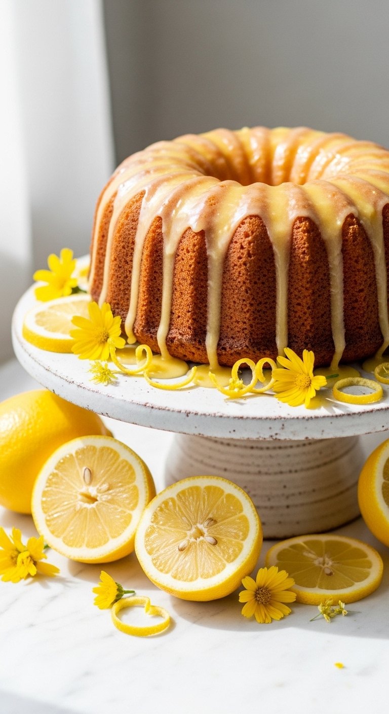 A beautifully glazed homemade lemon cake on a white cake stand surrounded by fresh lemon slices and zest, representing the ultimate lemon cake recipe with a bright sunshine-inspired presentation.