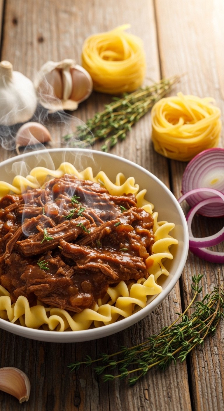 A steaming bowl of homemade beef and noodles recipe with rich brown gravy, tender shredded beef, and egg noodles served on a rustic wooden table with warm golden lighting.