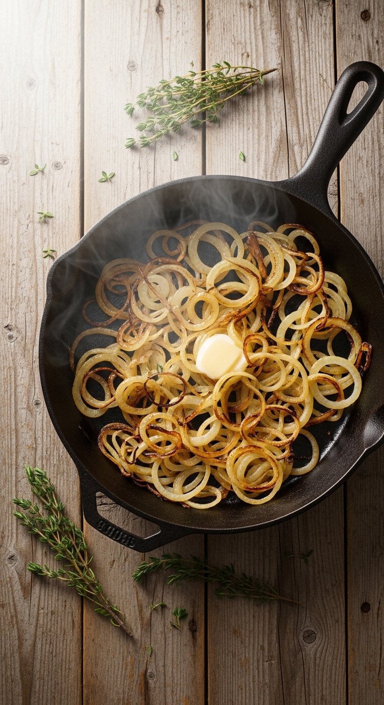 A cast iron skillet filled with perfectly caramelized onions, deep golden and glistening with butter, photographed overhead on a rustic wooden table with fresh thyme sprigs, representing the ultimate guide to making caramelized onions at home.