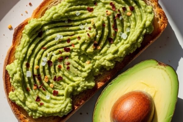 A thick slice of golden sourdough toast generously topped with bright green mashed avocado, garnished with flaky sea salt, red pepper flakes, and a drizzle of olive oil, photographed overhead on a white ceramic plate in warm morning light, representing the ultimate best avocado toast recipe.