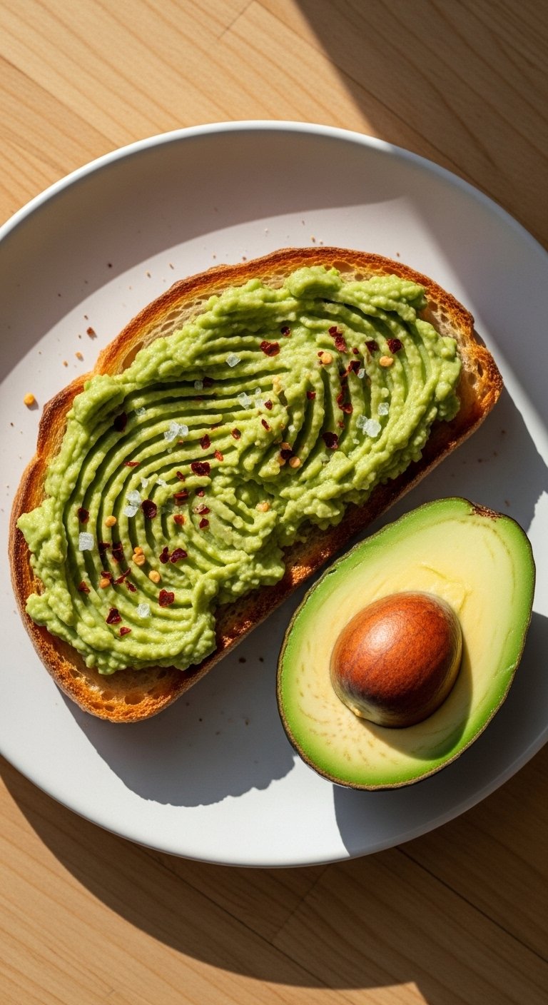A thick slice of golden sourdough toast generously topped with bright green mashed avocado, garnished with flaky sea salt, red pepper flakes, and a drizzle of olive oil, photographed overhead on a white ceramic plate in warm morning light, representing the ultimate best avocado toast recipe.