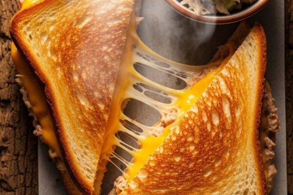 A golden crispy tuna melt sandwich cut diagonally on a rustic wooden board, melted cheddar cheese stretching dramatically from the center, steam rising, photographed overhead in warm kitchen light, representing the ultimate best tuna melt sandwich recipe guide.