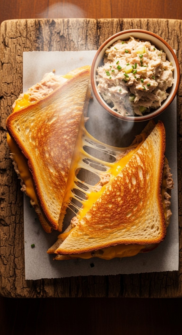A golden crispy tuna melt sandwich cut diagonally on a rustic wooden board, melted cheddar cheese stretching dramatically from the center, steam rising, photographed overhead in warm kitchen light, representing the ultimate best tuna melt sandwich recipe guide.