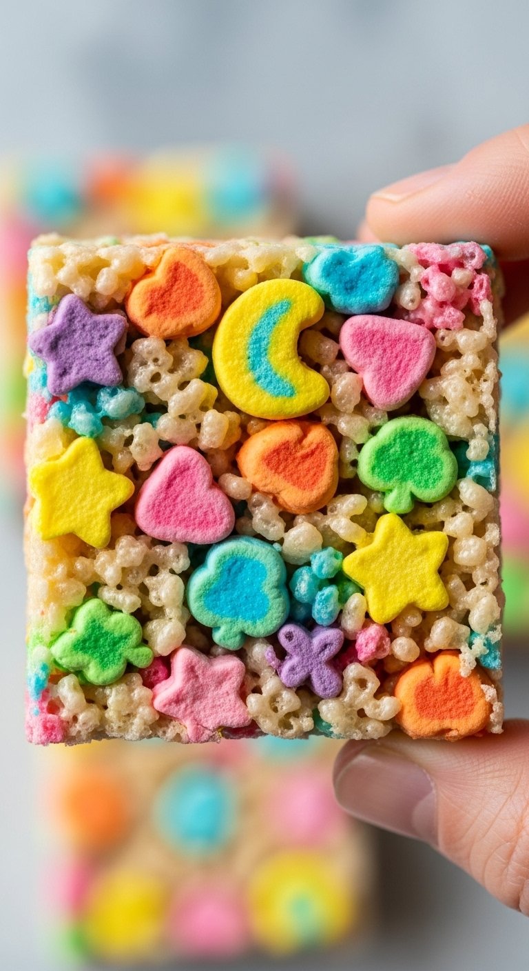 A magical golden Lucky Charm Rice Crispy Treat held up to the light showing colorful rainbow marshmallow charms embedded throughout, showcasing the ultimate dessert that brings smiles and good fortune to every occasion.