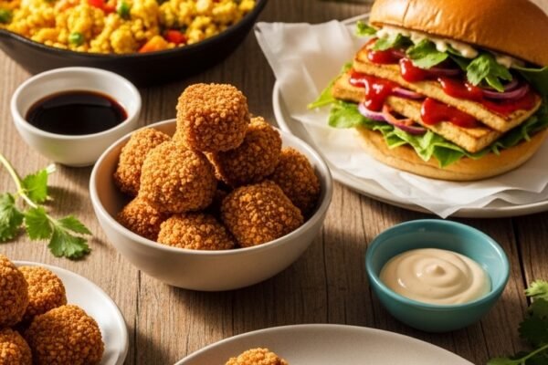 A golden crispy block of Extra Firm Tofu transformed into delicious recipes including crispy nuggets, pan-seared slices, BBQ sandwiches, and breakfast scramble, showcasing the ultimate guide to Extra Firm Tofu Recipes.
