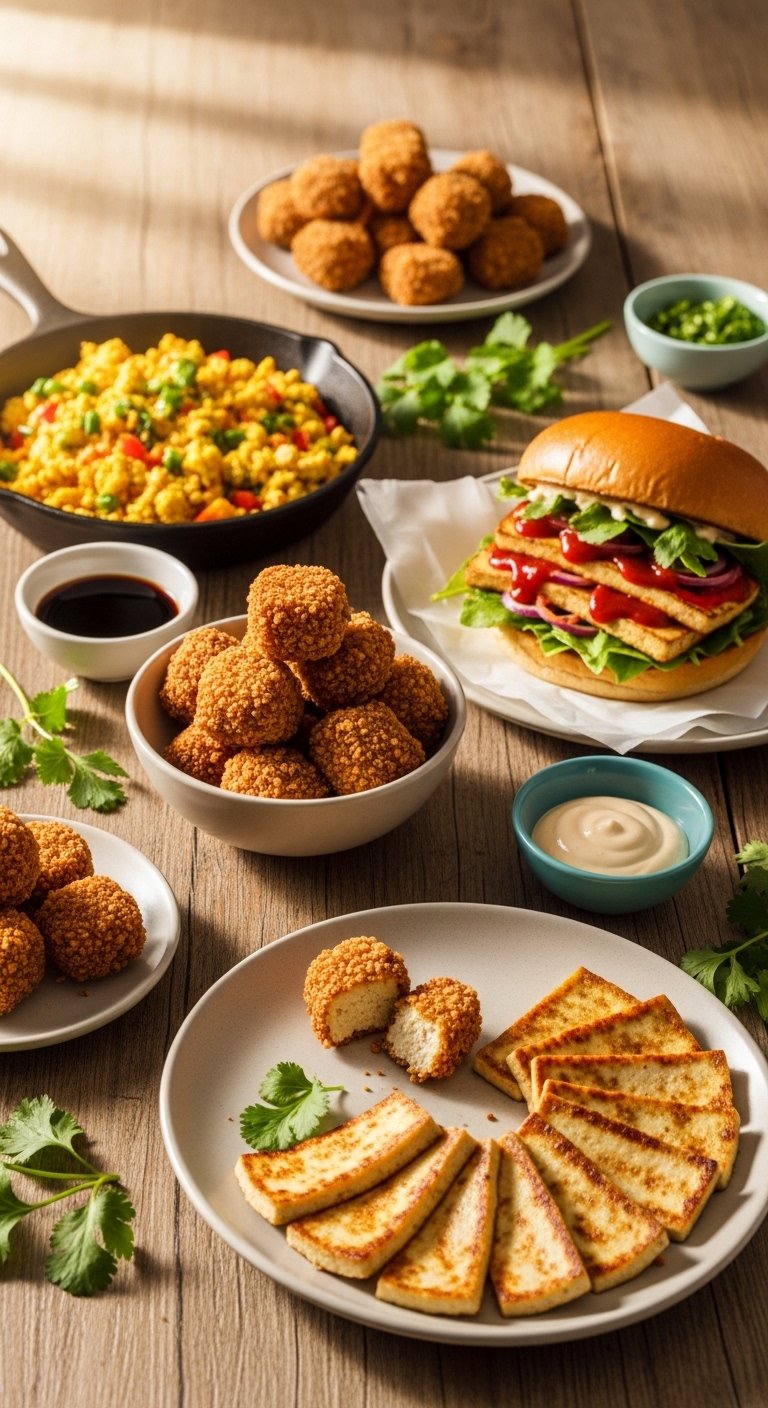A golden crispy block of Extra Firm Tofu transformed into delicious recipes including crispy nuggets, pan-seared slices, BBQ sandwiches, and breakfast scramble, showcasing the ultimate guide to Extra Firm Tofu Recipes.
