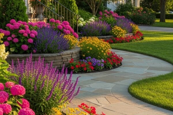 A stunning beautifully landscaped front yard with layered flower beds, elegant stone walkway, ornamental grasses, and warm golden hour lighting, showcasing 16 Front Yard Landscaping Ideas that stop traffic and boost home value.