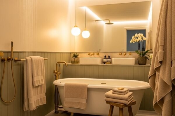 A beautifully transformed bathroom painted in a stunning spa-inspired color with elegant fixtures, soft towels, and warm lighting, showcasing 18 Bathroom Paint Colors that will transform your space without breaking a sweat.