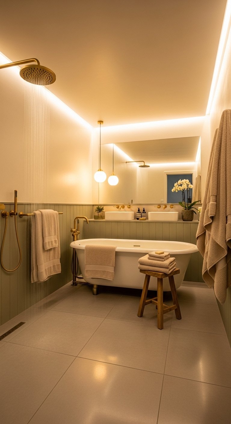 A beautifully transformed bathroom painted in a stunning spa-inspired color with elegant fixtures, soft towels, and warm lighting, showcasing 18 Bathroom Paint Colors that will transform your space without breaking a sweat.