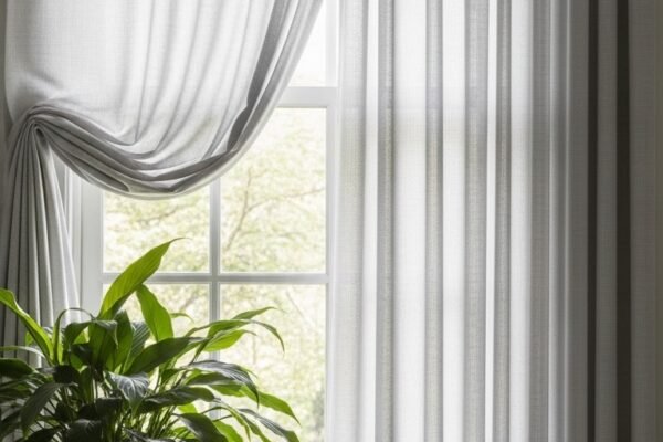 A beautifully dressed bathroom window with elegant moisture-resistant curtains filtering soft natural light while maintaining privacy, showcasing 26 Bathroom Window Curtain Ideas that will transform your space forever. 20 Trending Bathroom