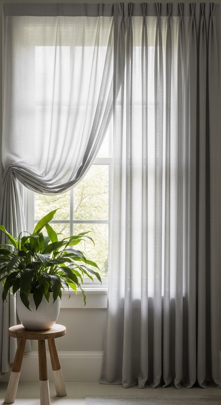 A beautifully dressed bathroom window with elegant moisture-resistant curtains filtering soft natural light while maintaining privacy, showcasing 26 Bathroom Window Curtain Ideas that will transform your space forever. 20 Trending Bathroom