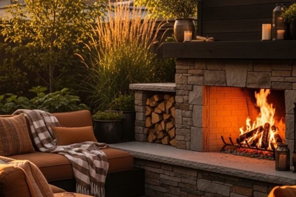 A beautifully designed classic stone outdoor fireplace glowing with a warm crackling fire surrounded by cozy seating and string lights in a backyard retreat, showcasing 16 Fireplace Ideas Outdoor that will transform your backyard into the ultimate cozy escape.