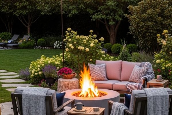 A beautifully designed Outdoor Fire Pit Area with a roaring fire surrounded by cozy seating, string lights, and lush landscaping in a warm backyard setting, showcasing 13 ideas that will transform your backyard into a cozy haven.